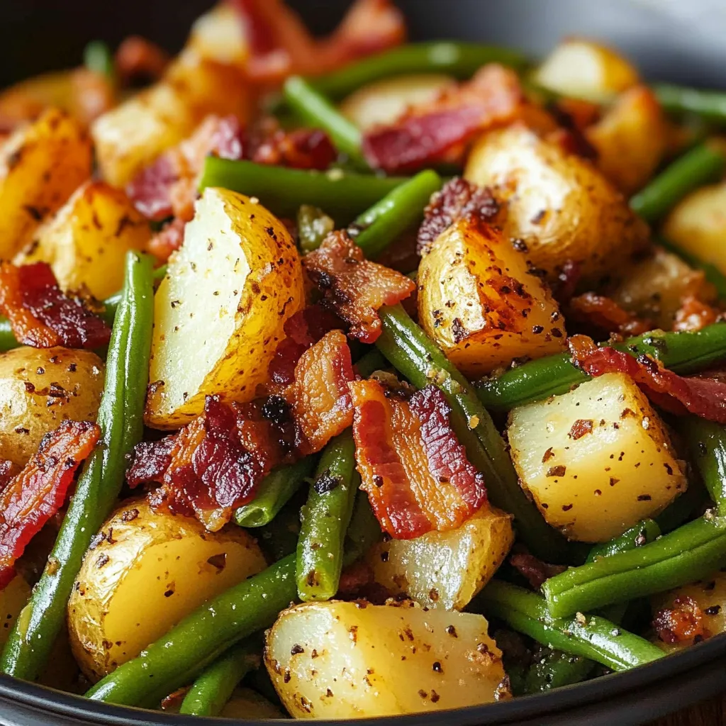 A bowl of food with bacon and green beans.