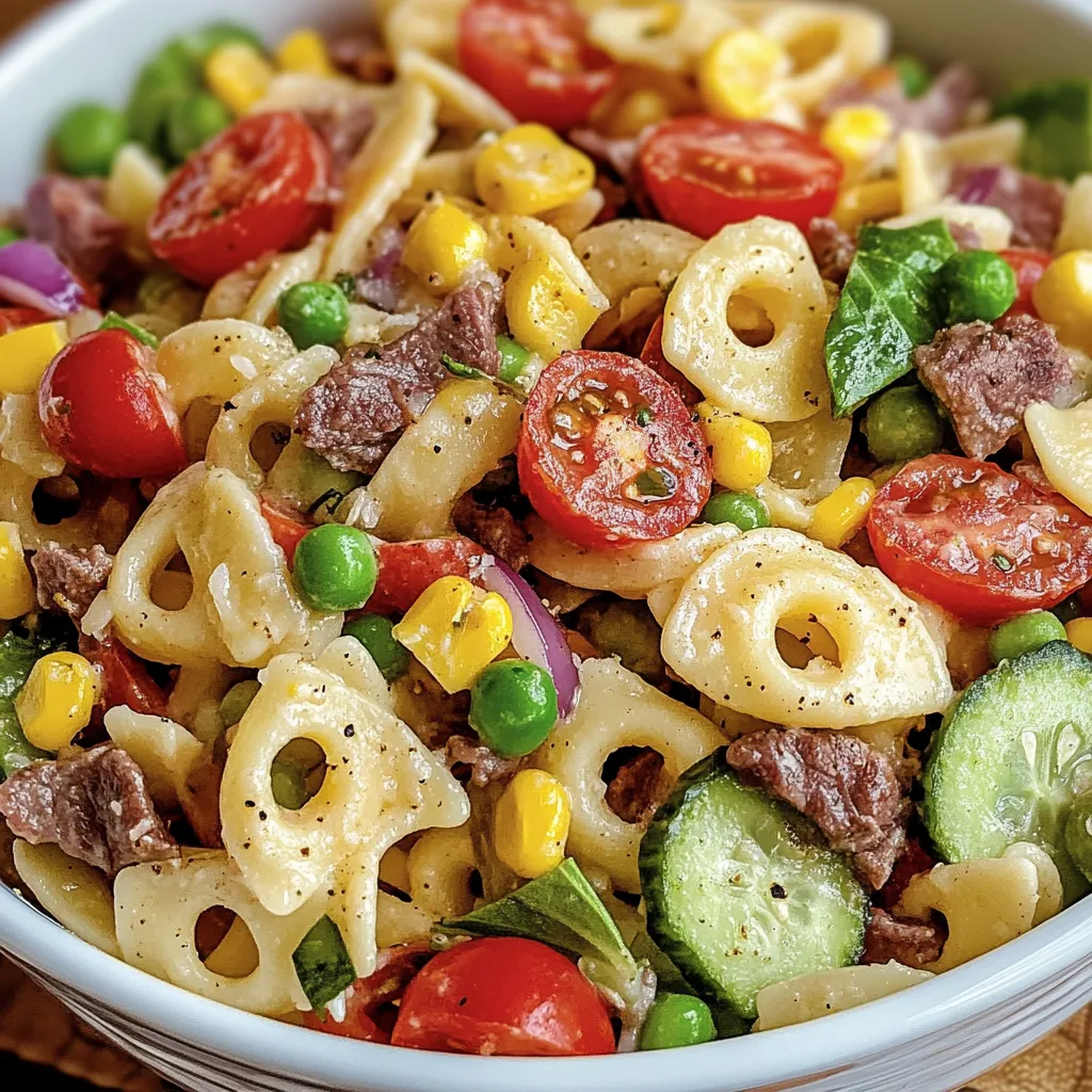 A bowl of pasta with tomatoes, corn, peas, and cucumbers.