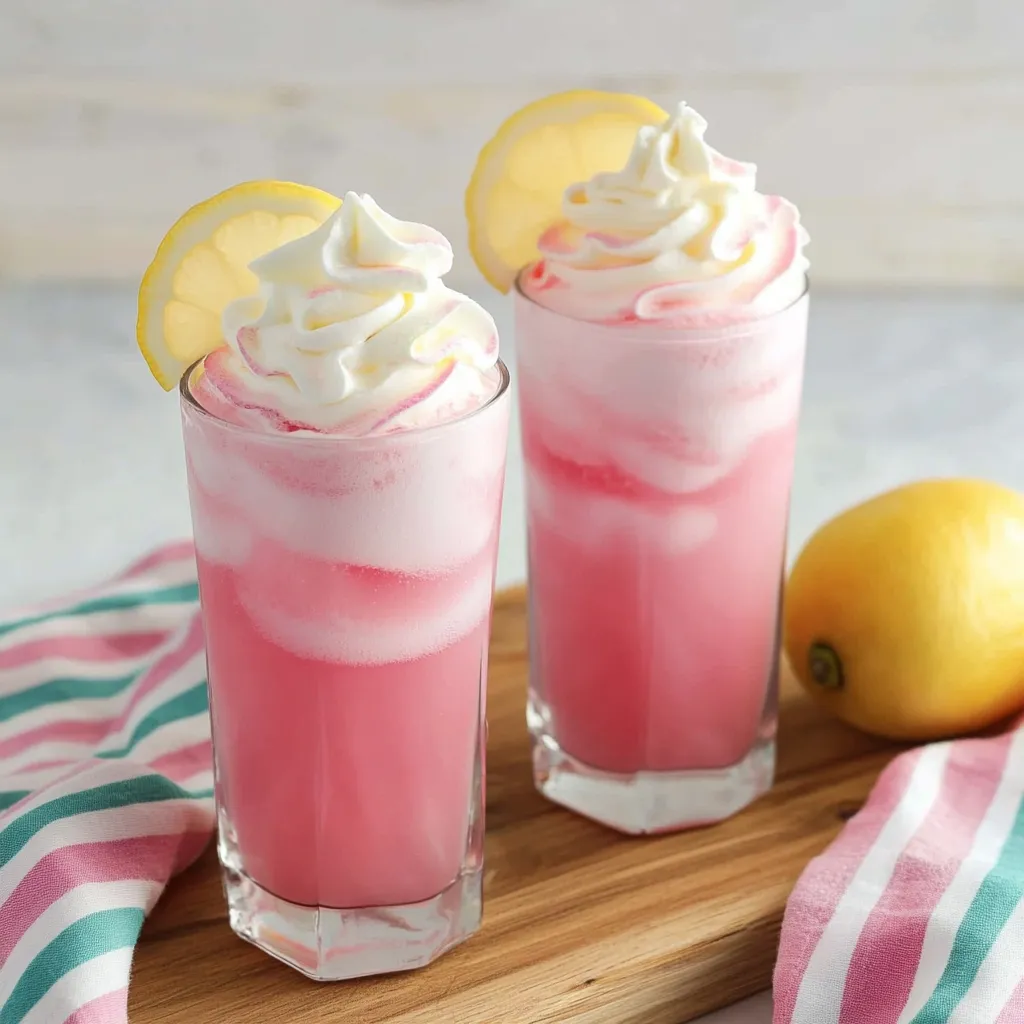 Two glasses of pink drink with lemon slices.
